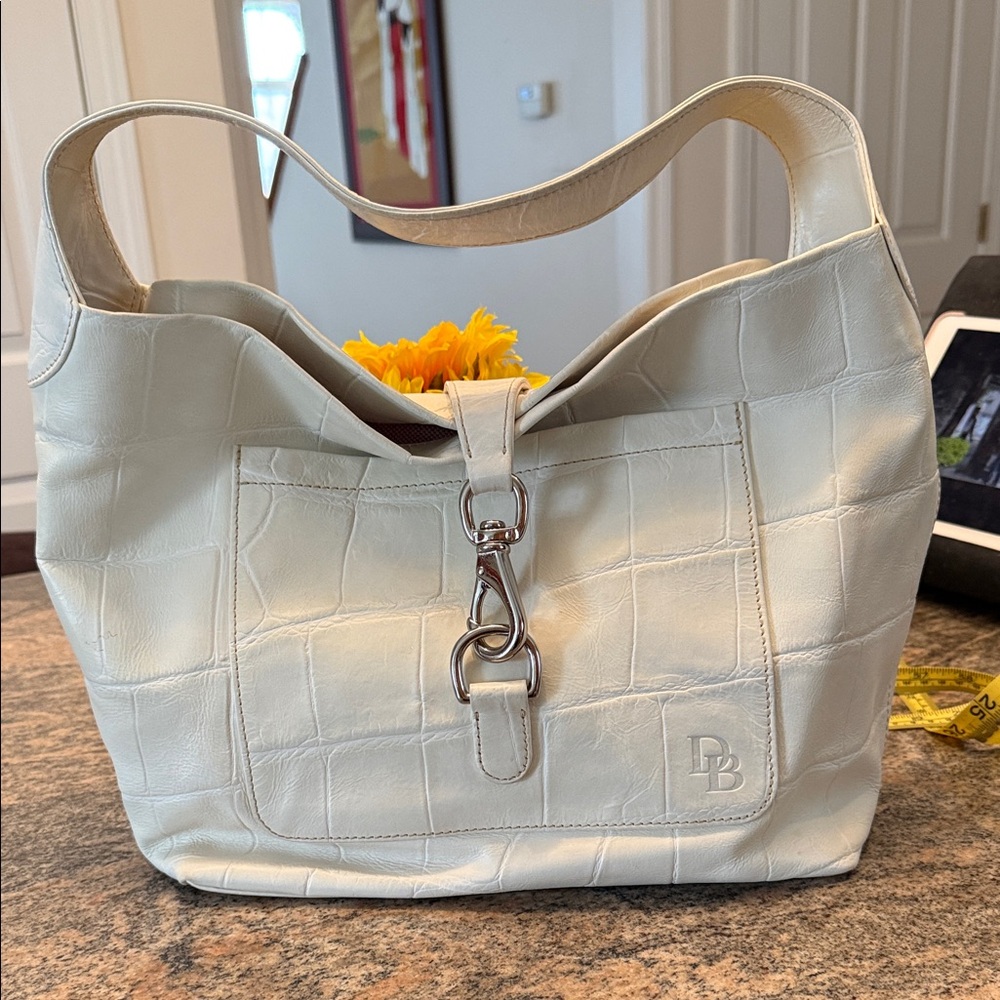 Dooney & Bourke Cream Croc-Embossed Leather Shoulder Bag with Silver Hardware